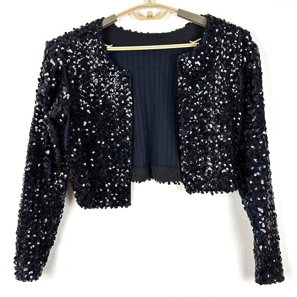 Betsey Johnson VINTAGE 80s-90s Sequins Cropped Bolero Jacket Black Blue Large - Picture 1 of 7